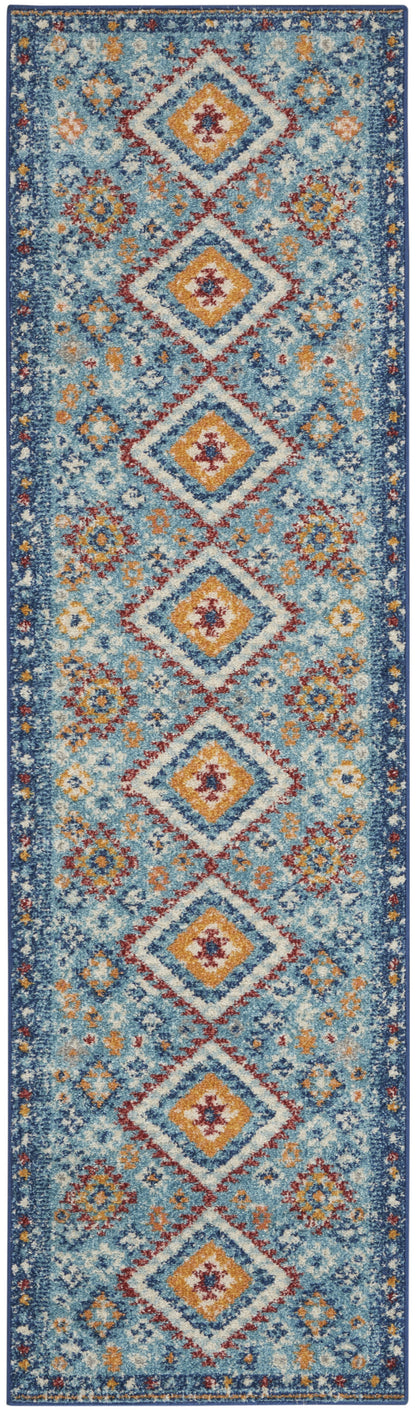 8' Blue And Orange Geometric Runner Rug