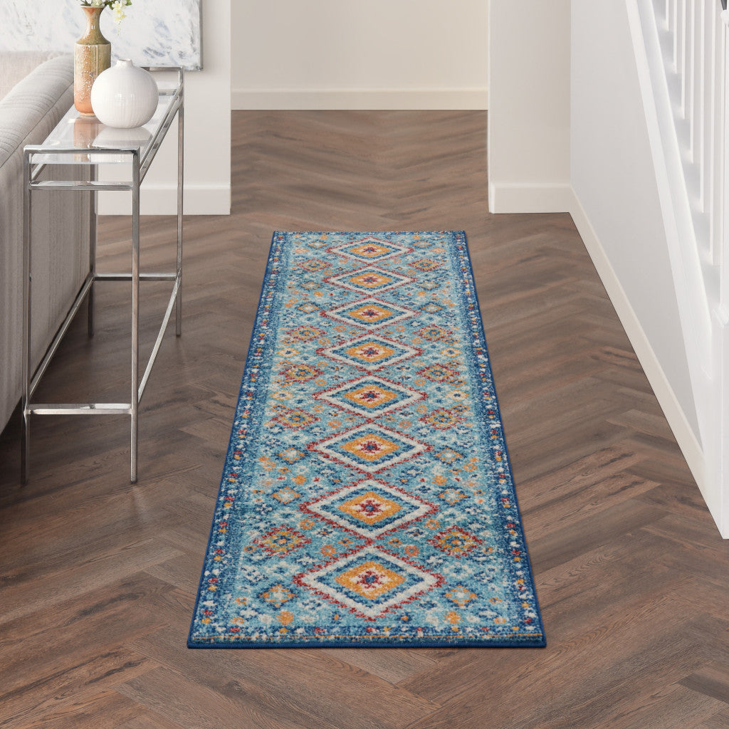 8' Blue And Orange Geometric Dhurrie Runner Rug