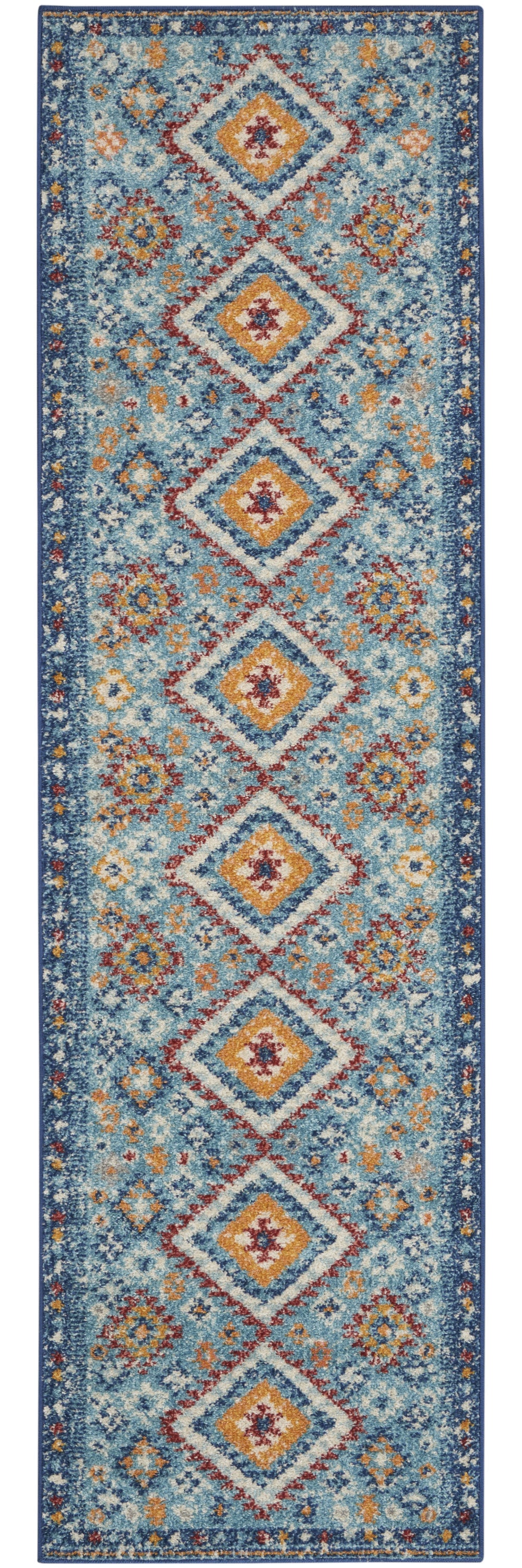 8' Blue And Orange Geometric Dhurrie Runner Rug