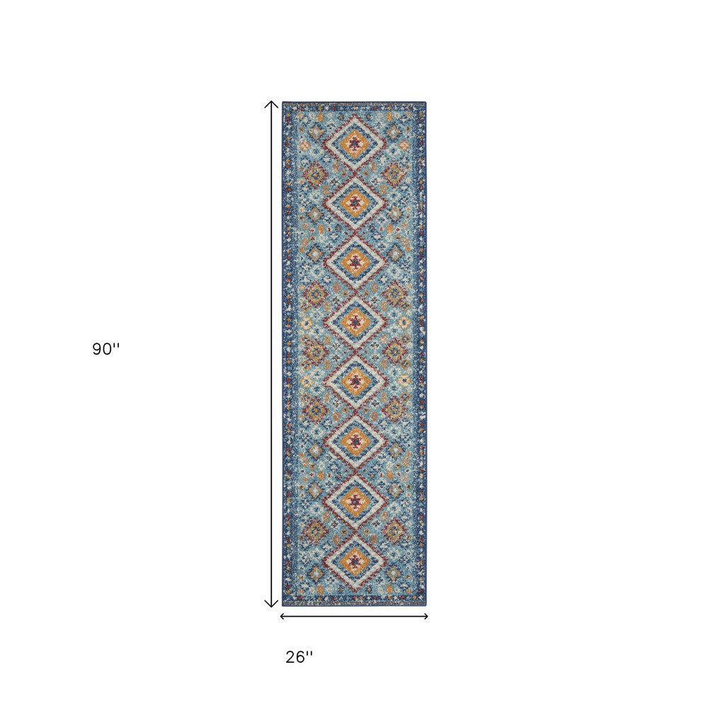 8' Blue And Orange Geometric Runner Rug