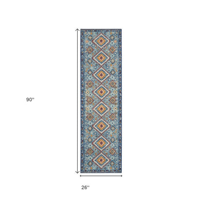 8' Blue And Orange Geometric Runner Rug