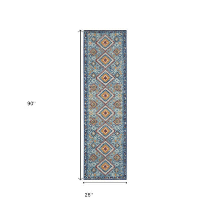 8' Blue And Orange Geometric Runner Rug