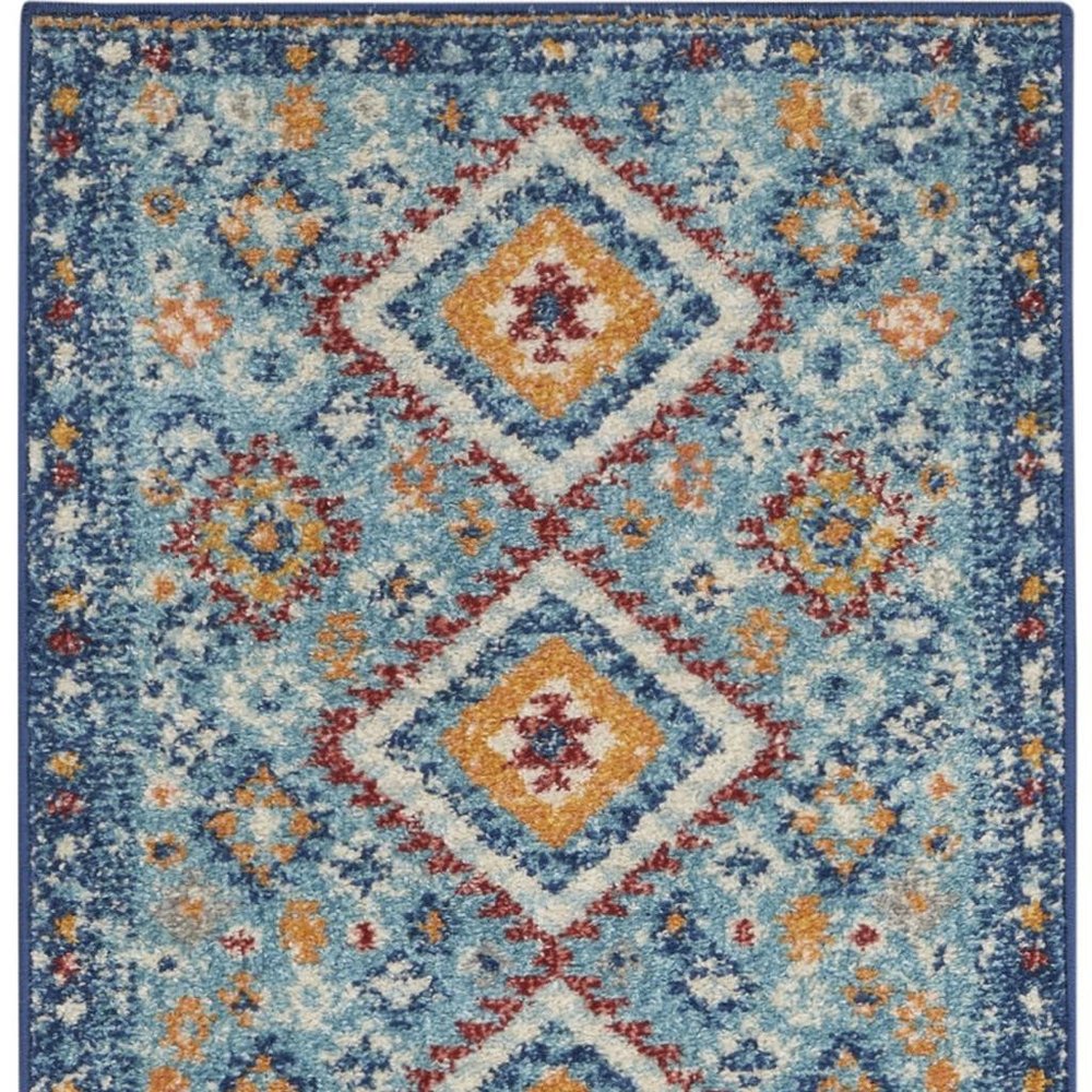 8' Blue And Orange Geometric Runner Rug