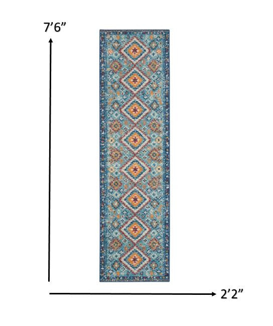 8' Blue And Orange Geometric Dhurrie Runner Rug