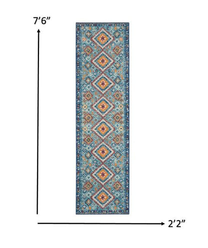 8' Blue And Orange Geometric Runner Rug