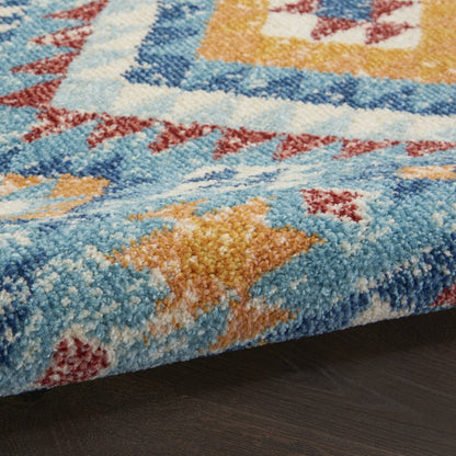 8' Blue And Orange Geometric Runner Rug