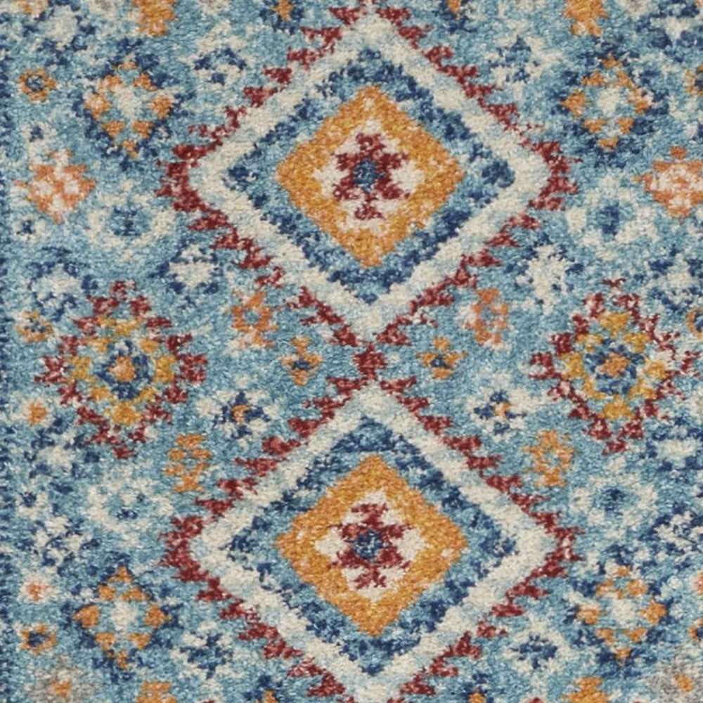 8' Blue And Orange Geometric Dhurrie Runner Rug