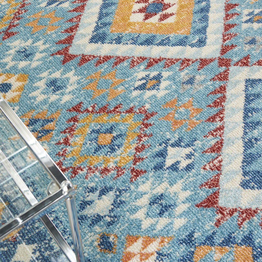 8' Blue And Orange Geometric Runner Rug