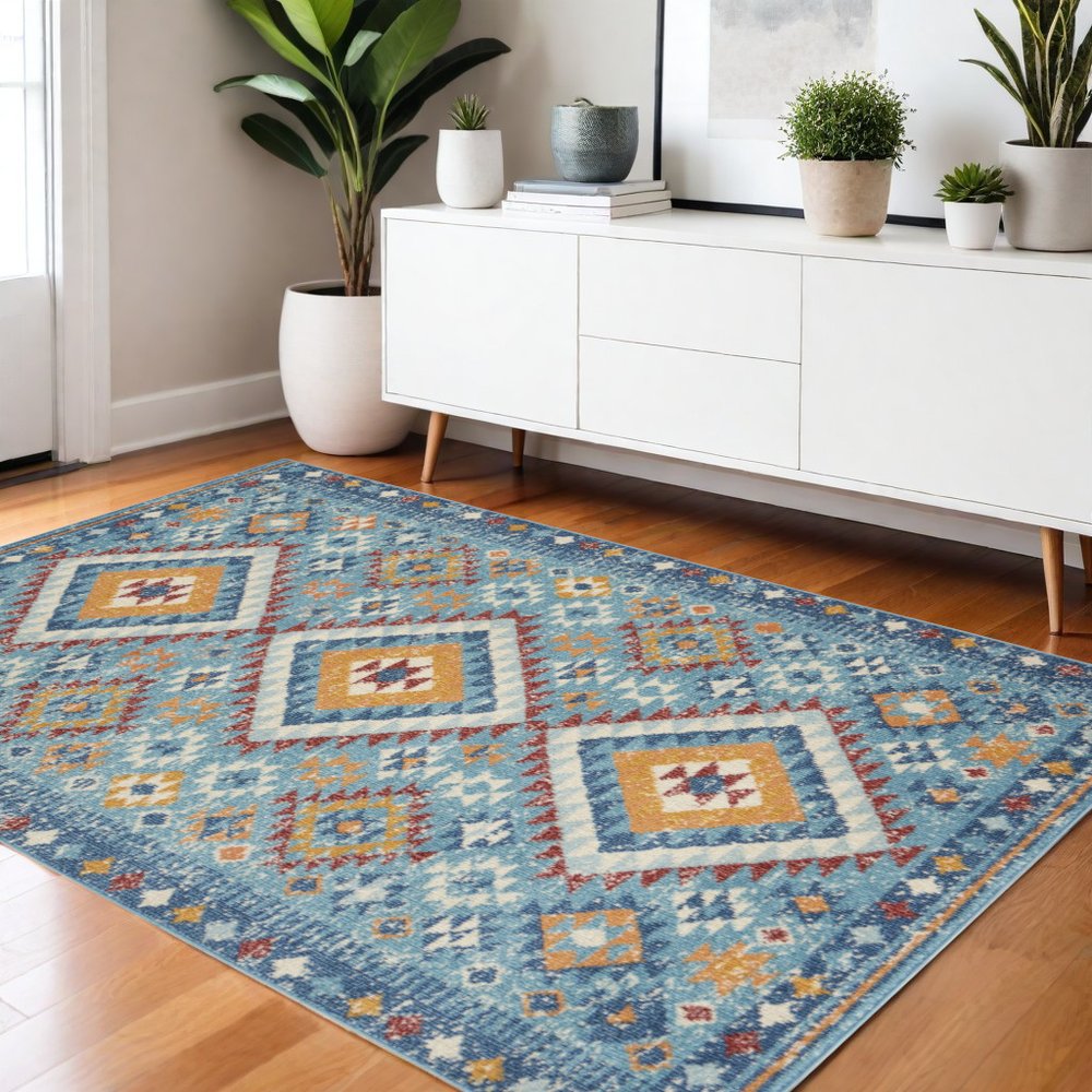 8' Blue And Orange Geometric Runner Rug