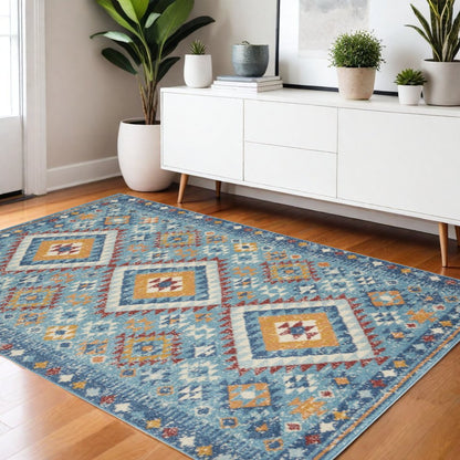 8' Blue And Orange Geometric Runner Rug