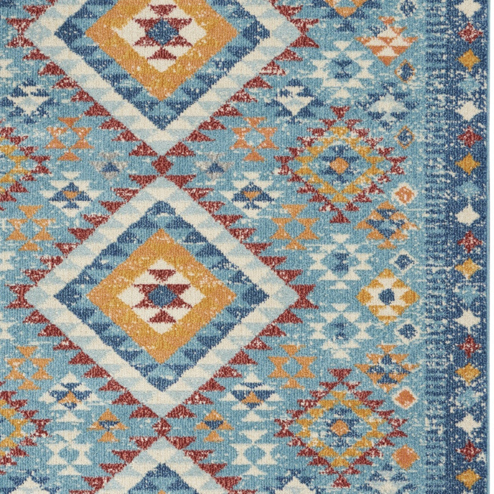 8' Blue And Orange Geometric Dhurrie Runner Rug