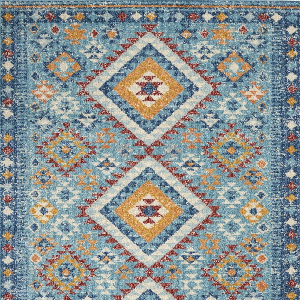 8' Blue And Orange Geometric Dhurrie Runner Rug