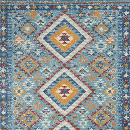 8' Blue And Orange Geometric Runner Rug