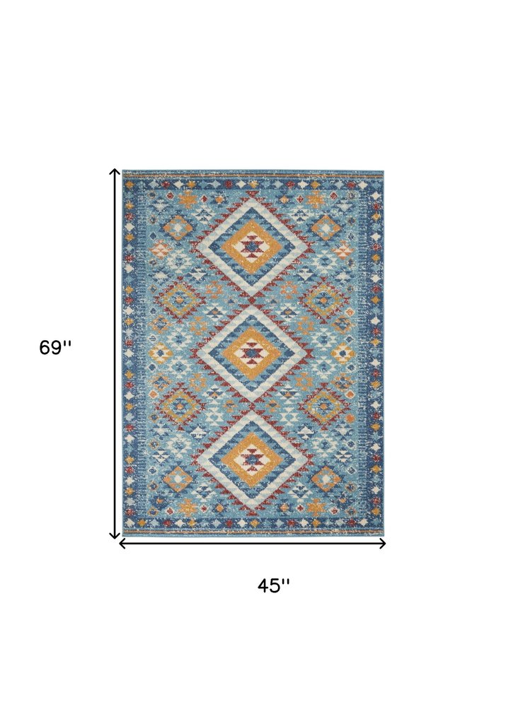 8' Blue And Orange Geometric Runner Rug