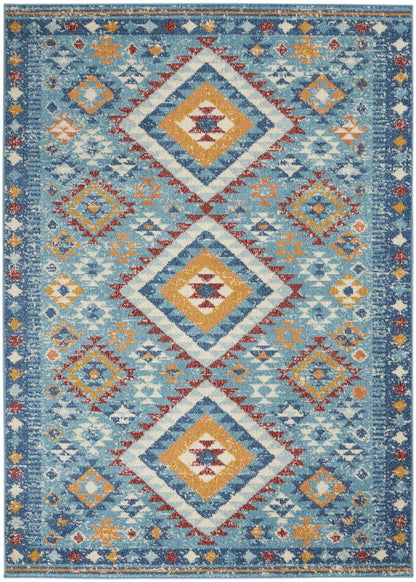 8' Blue And Orange Geometric Runner Rug