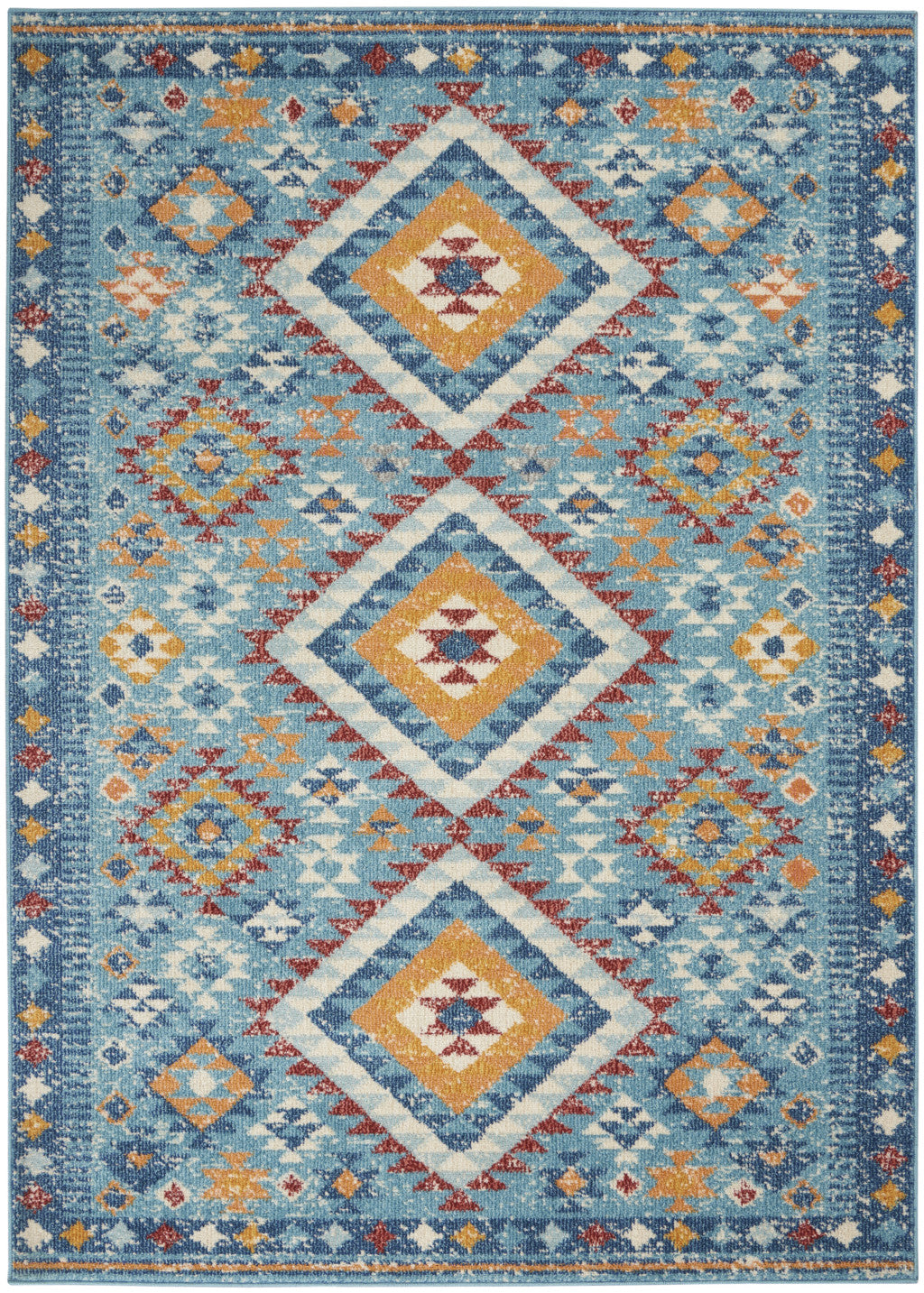 8' Blue And Orange Geometric Dhurrie Runner Rug