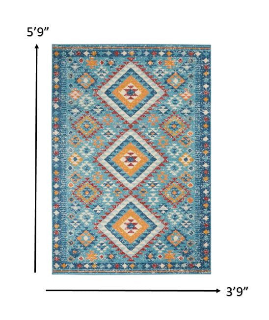 8' Blue And Orange Geometric Dhurrie Runner Rug