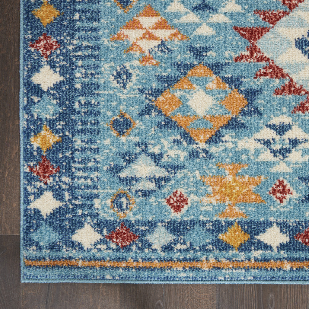 8' Blue And Orange Geometric Dhurrie Runner Rug