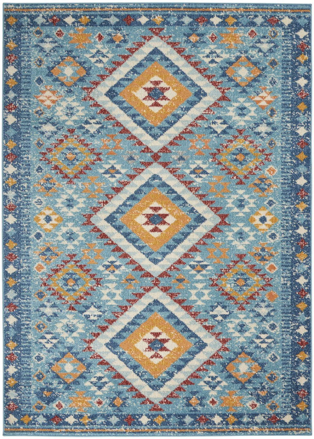 8' Blue And Orange Geometric Dhurrie Runner Rug