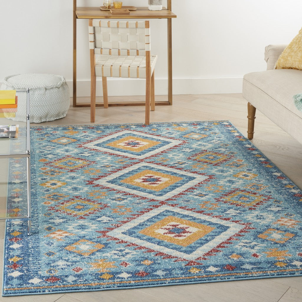 8' Blue And Orange Geometric Dhurrie Runner Rug