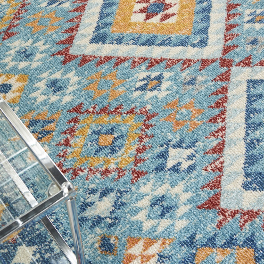 8' Blue And Orange Geometric Dhurrie Runner Rug