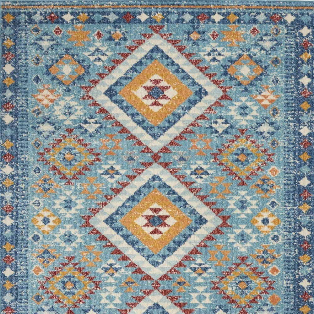 8' Blue And Orange Geometric Dhurrie Runner Rug