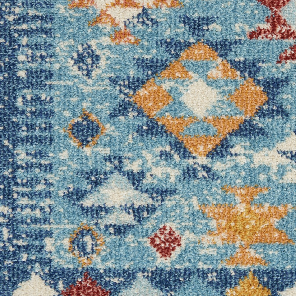 8' Blue And Orange Geometric Dhurrie Runner Rug