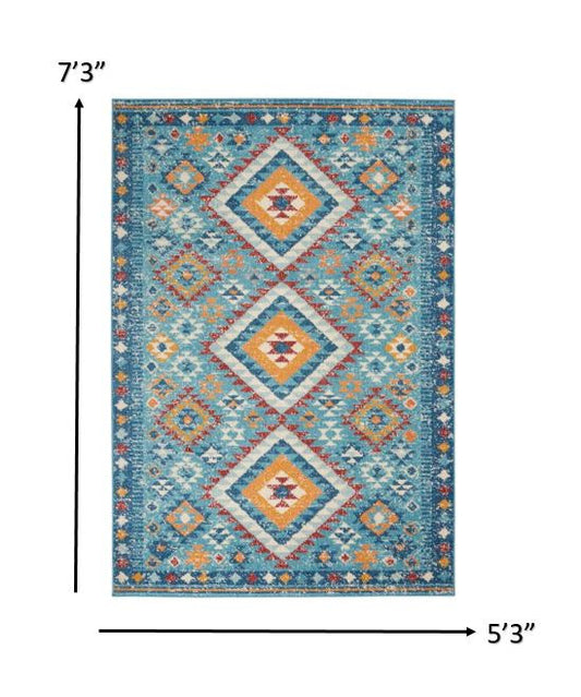 5' X 7' Blue And Orange Geometric Dhurrie Area Rug