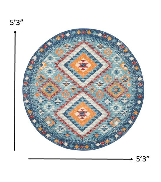 4' X 6' Blue And Orange Geometric Dhurrie Area Rug