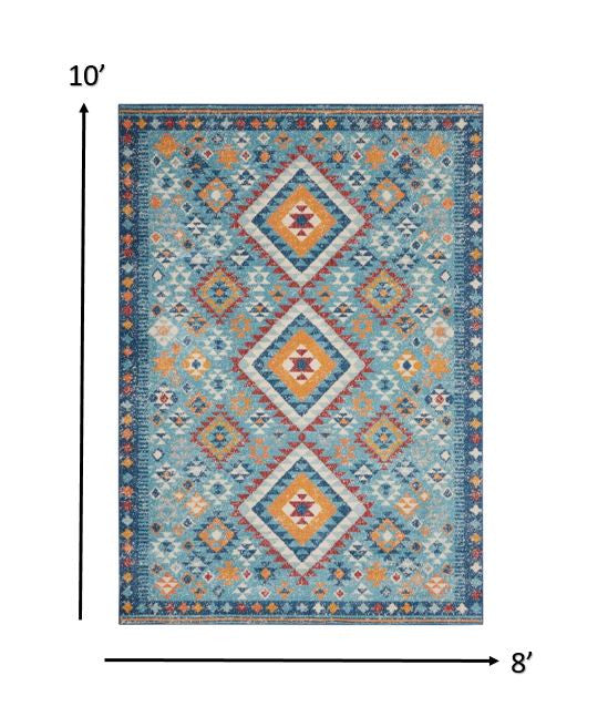 8' Blue And Orange Geometric Dhurrie Runner Rug