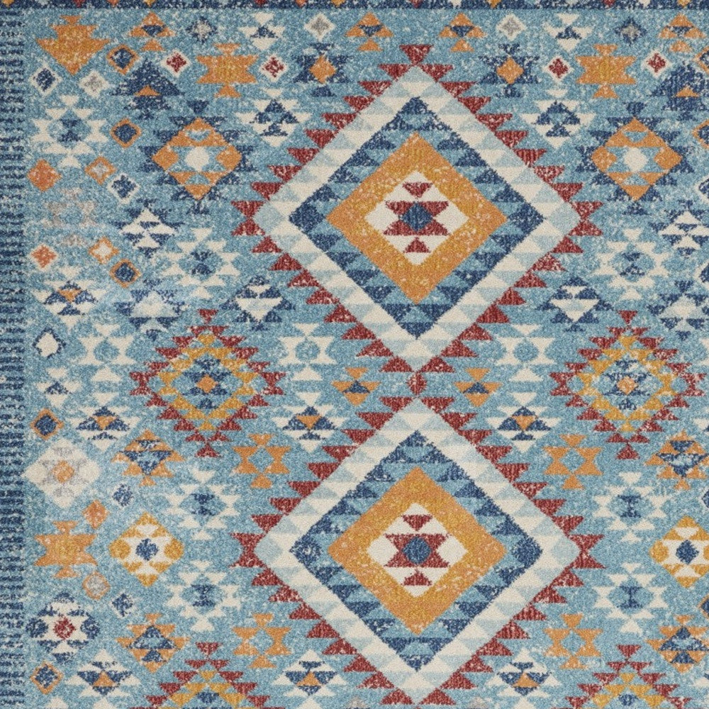 8' Blue And Orange Geometric Dhurrie Runner Rug