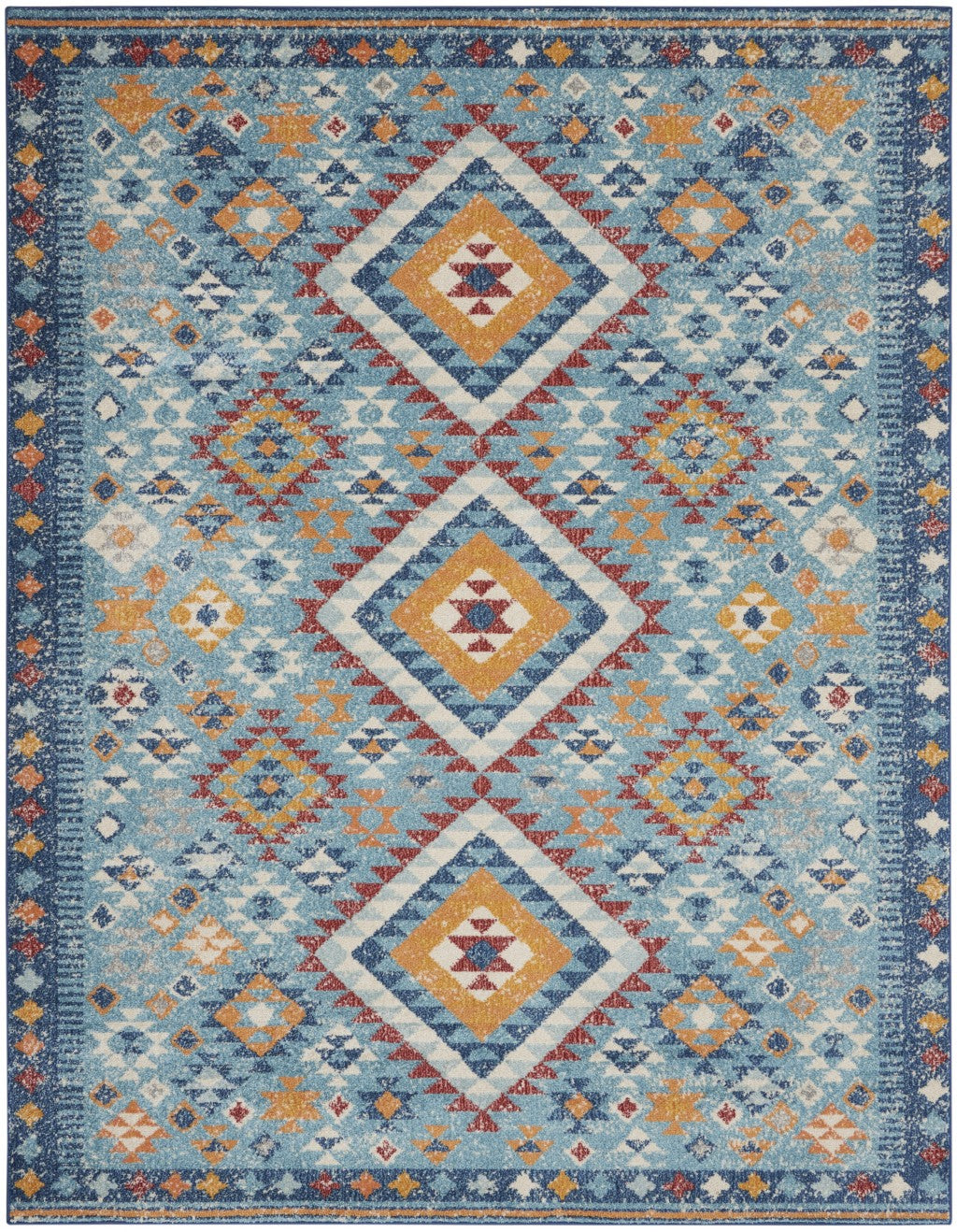 8' Blue And Orange Geometric Dhurrie Runner Rug