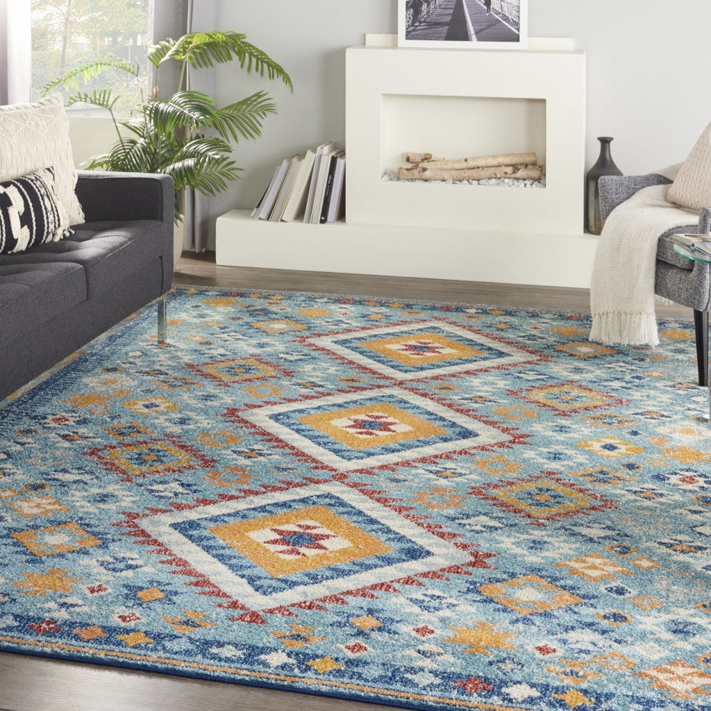 8' Blue And Orange Geometric Dhurrie Runner Rug