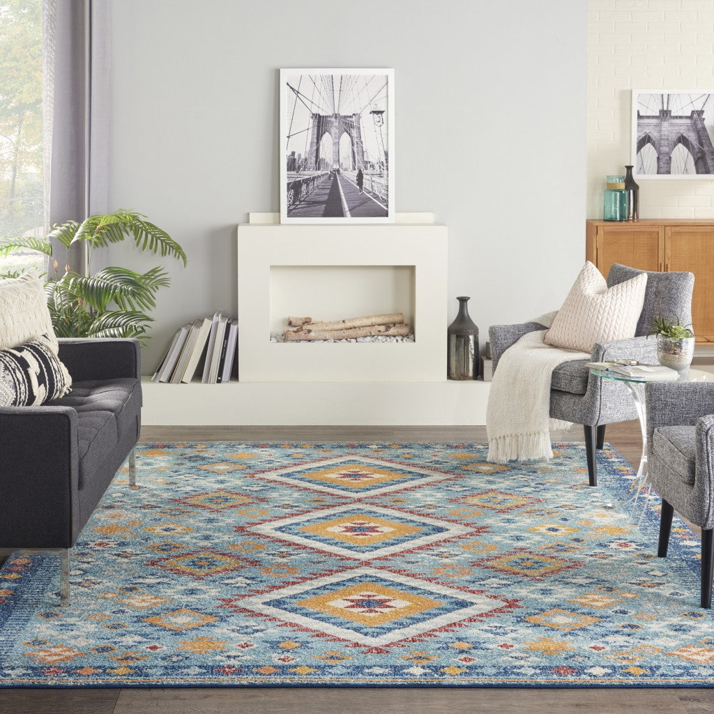 8' Blue And Orange Geometric Dhurrie Runner Rug