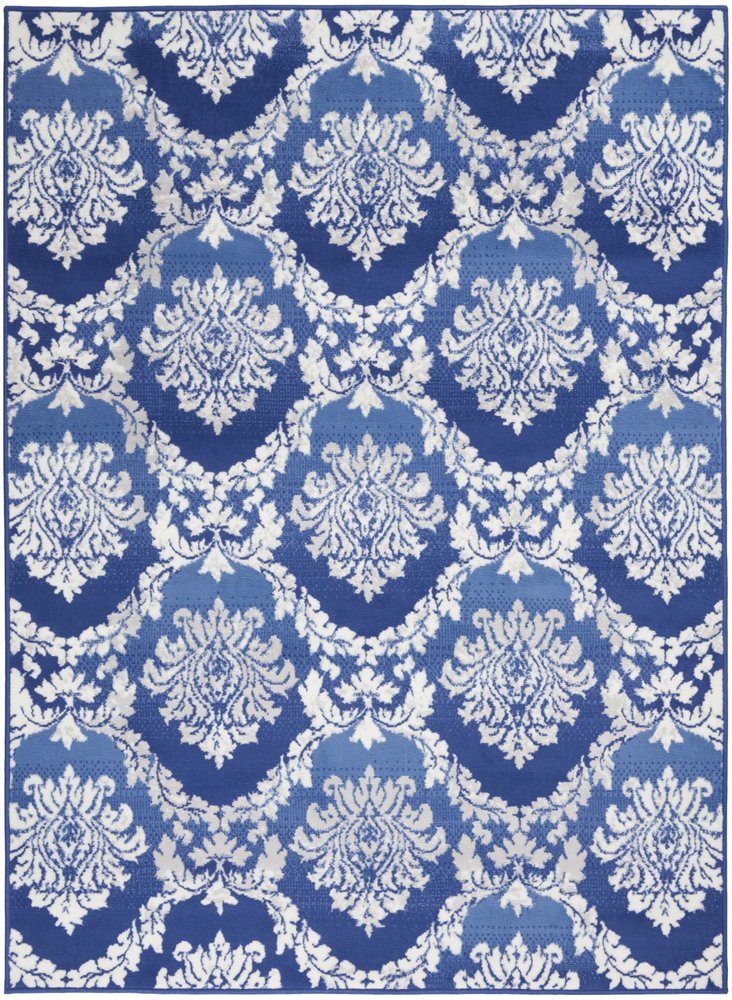 6' X 9' Ivory And Blue Damask Distressed Area Rug