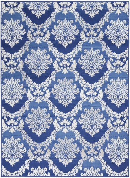 5' X 7' Ivory And Blue Damask Distressed Area Rug