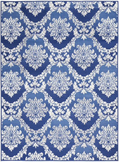 4' X 6' Blue And Ivory Damask Distressed Area Rug