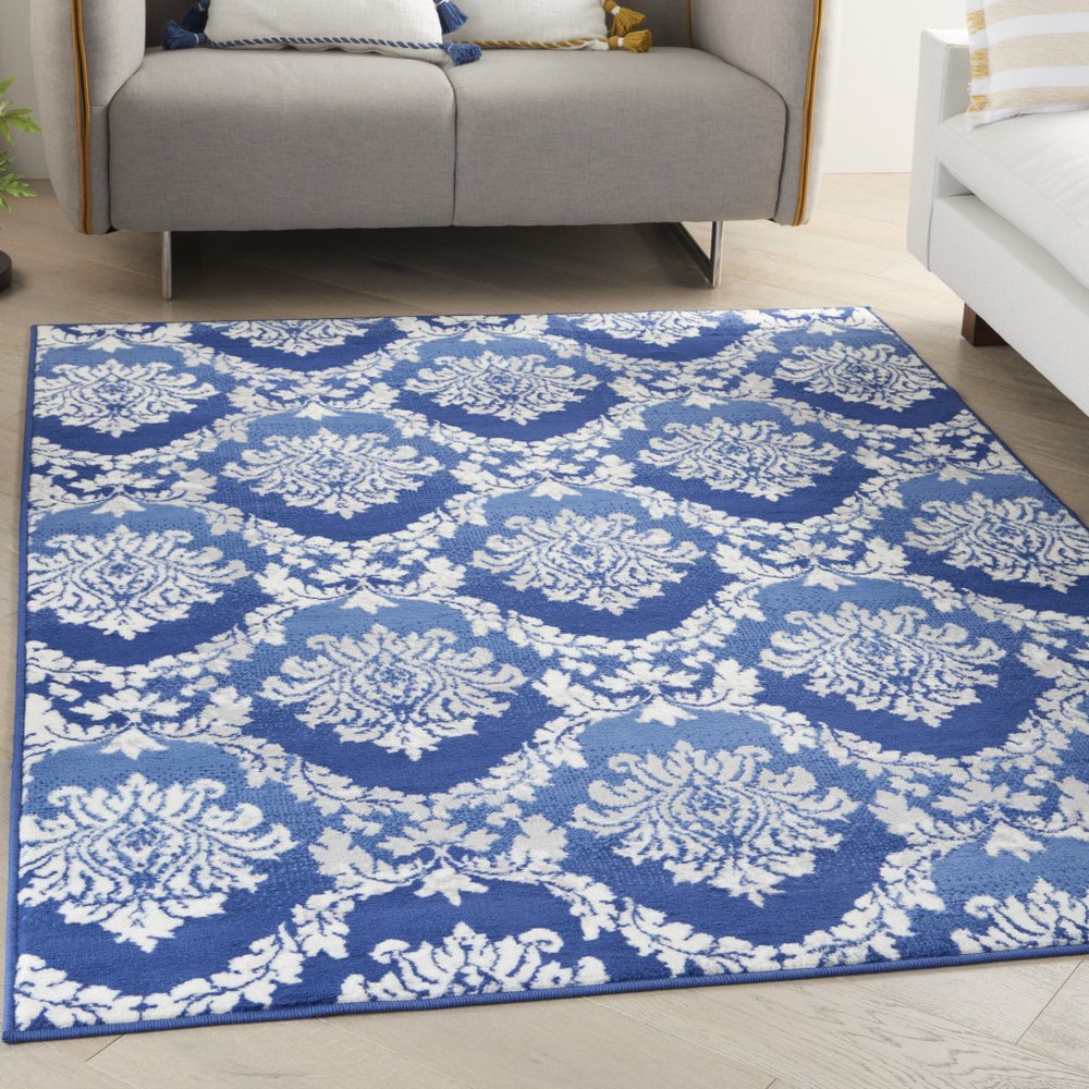 5' X 7' Blue And Ivory Damask Distressed Area Rug
