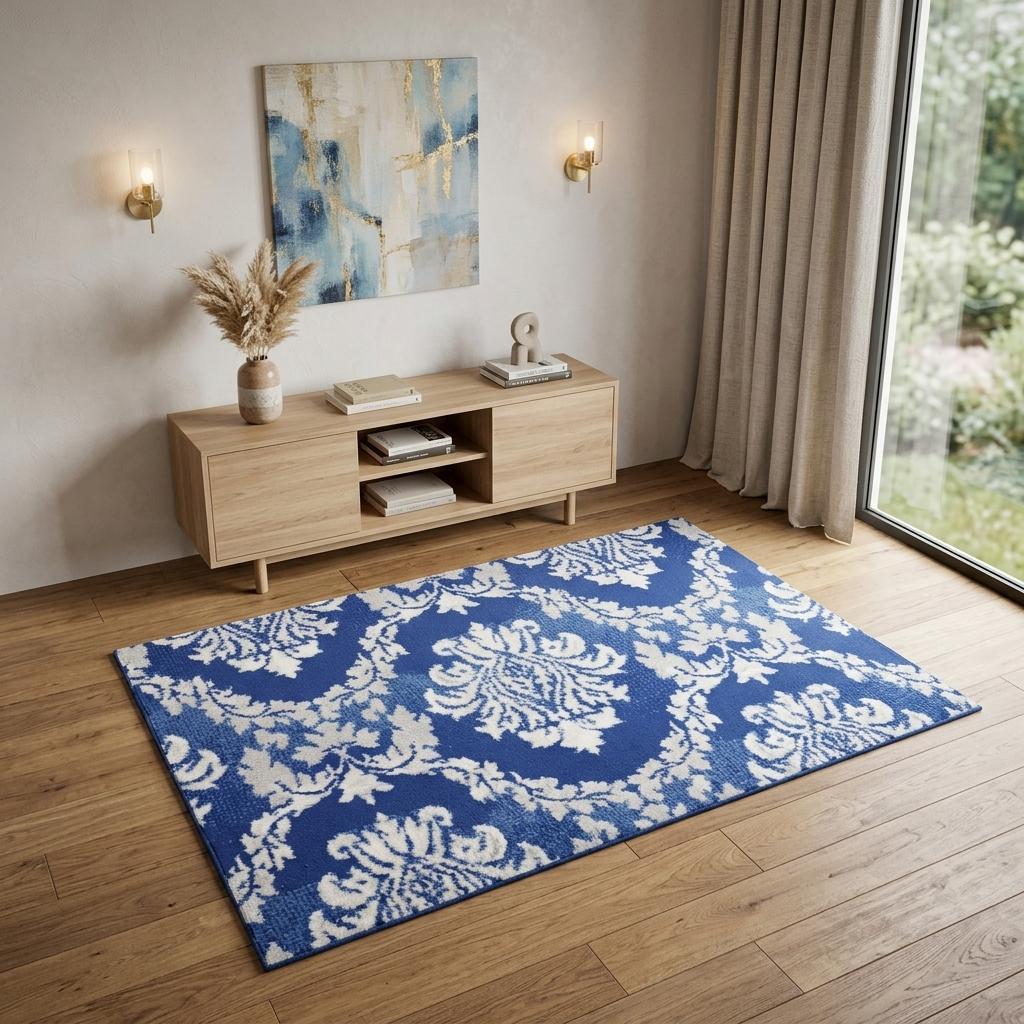 4' X 6' Blue And Ivory Damask Distressed Area Rug