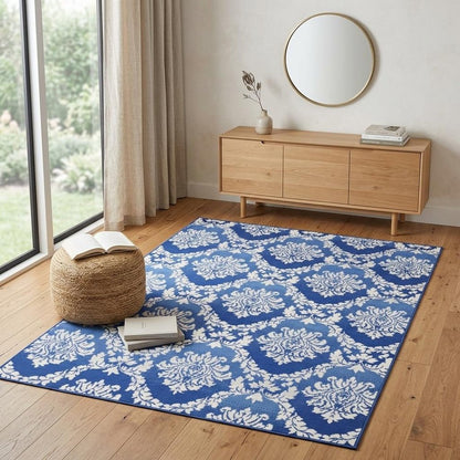 4' X 6' Blue And Ivory Damask Distressed Area Rug