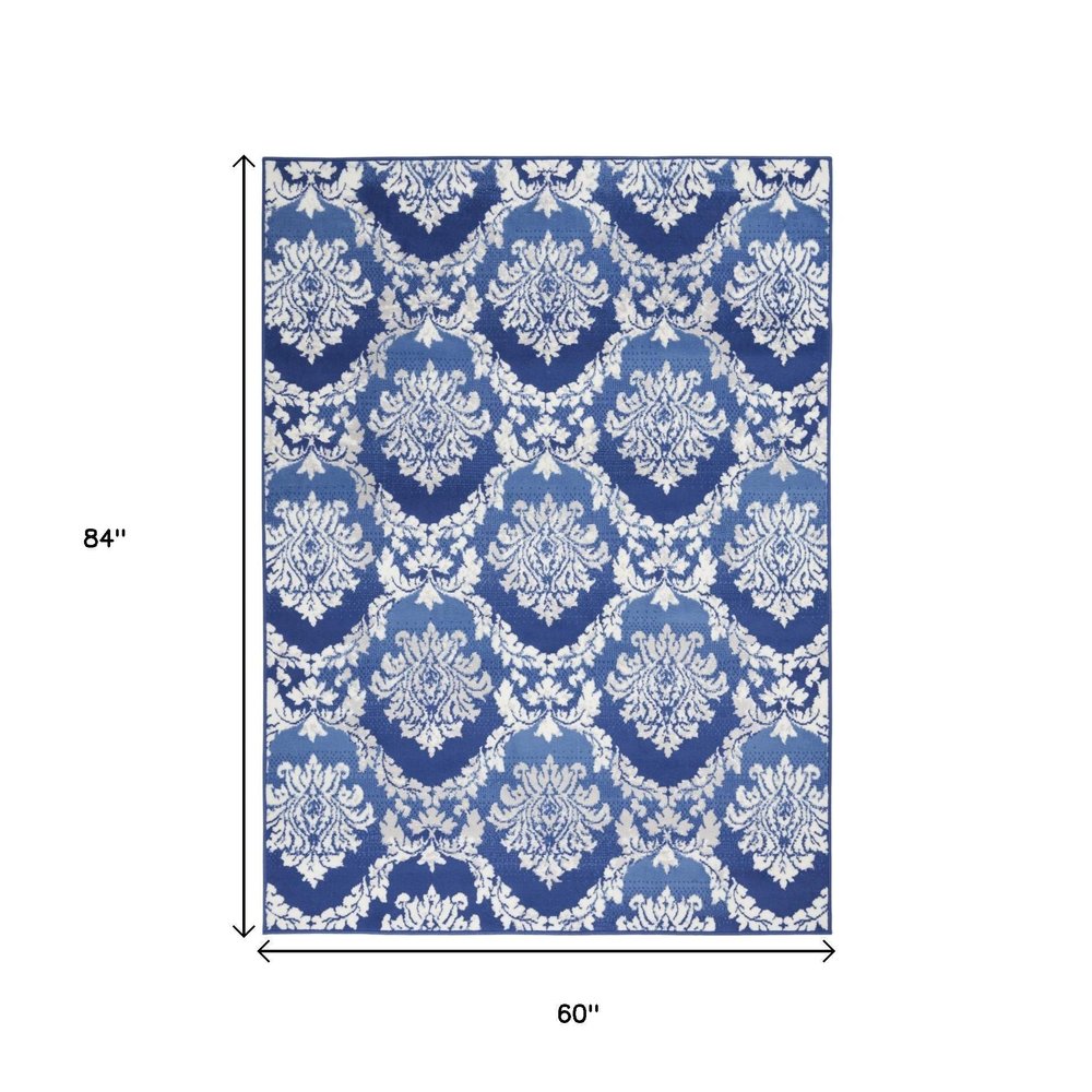 5' X 7' Ivory And Blue Damask Distressed Area Rug