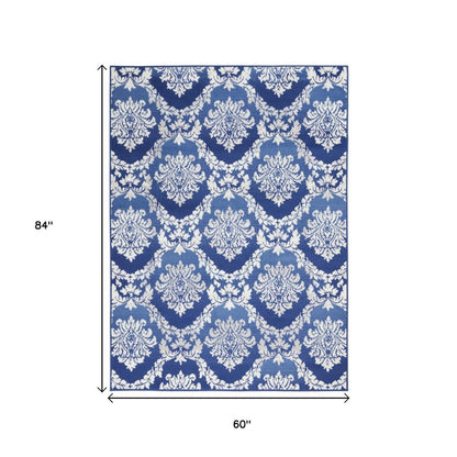5' X 7' Ivory And Blue Damask Distressed Area Rug