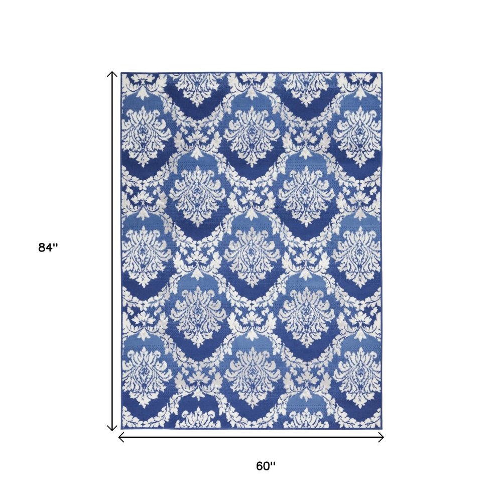 4' X 6' Blue And Ivory Damask Distressed Area Rug