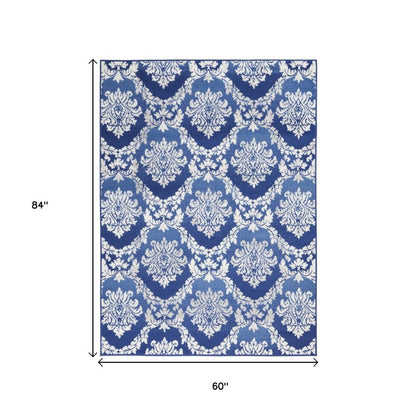 4' X 6' Blue And Ivory Damask Distressed Area Rug