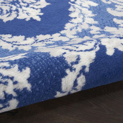 4' X 6' Blue And Ivory Damask Distressed Area Rug