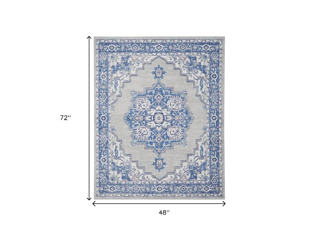 4' X 6' Ivory And Blue Medallion Area Rug