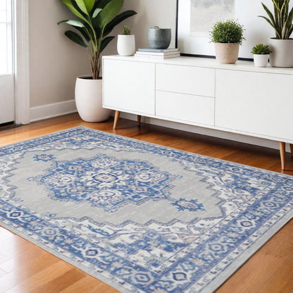 4' X 6' Ivory And Blue Medallion Area Rug