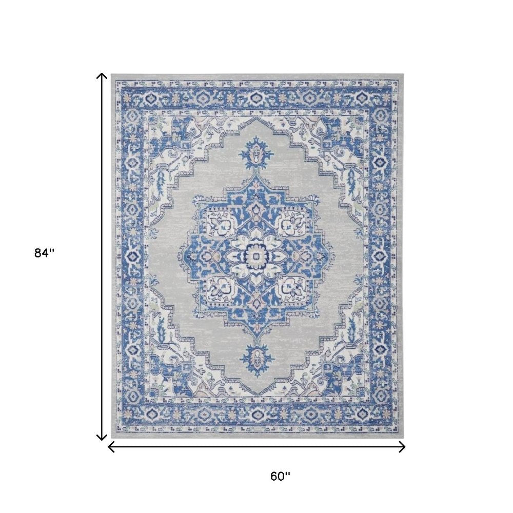 6' X 9' Blue And Gray Floral Area Rug