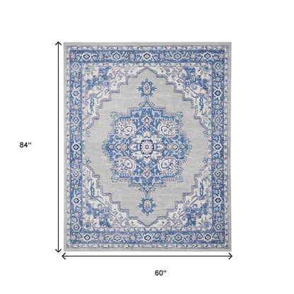 6' X 9' Blue And Gray Floral Area Rug