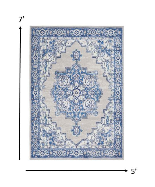 5' X 7' Blue Gray Floral Dhurrie Area Rug